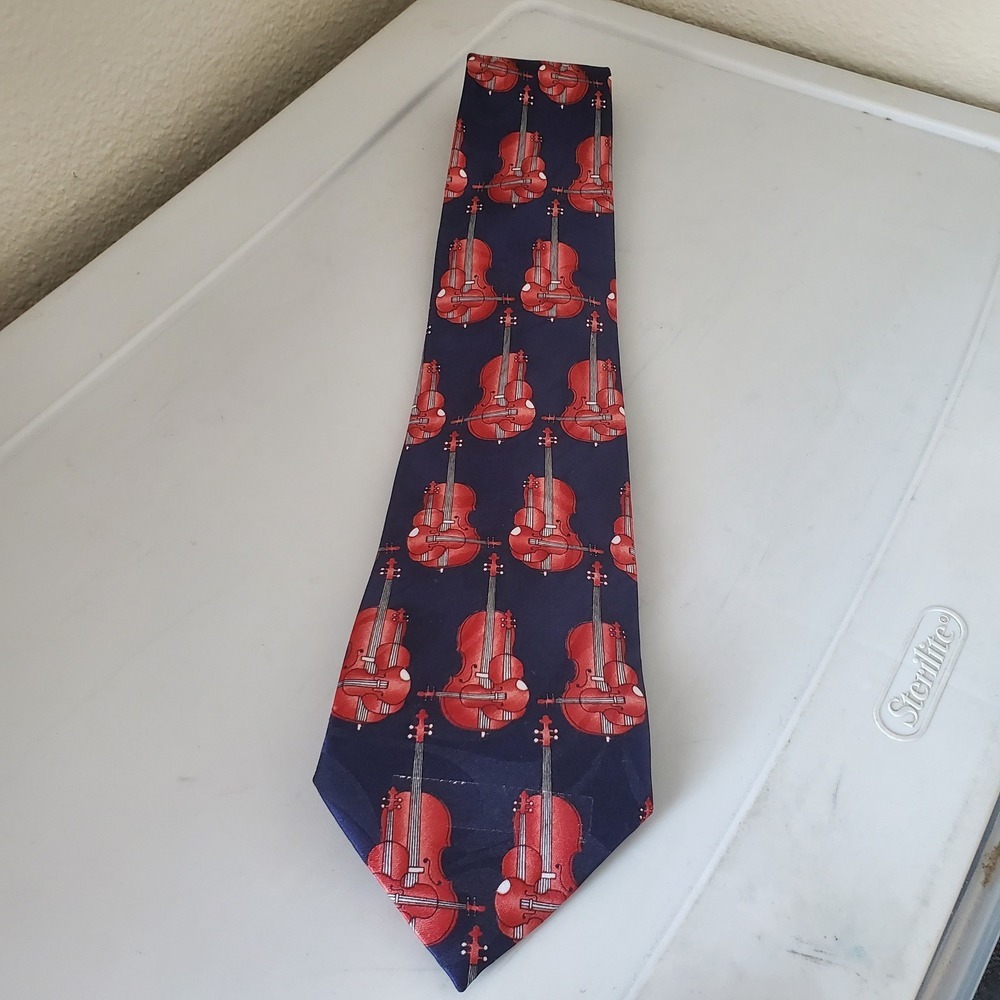 Steven Harris Mens Navy Blue Red Violin Cello Musical Instrument Handmade Tie